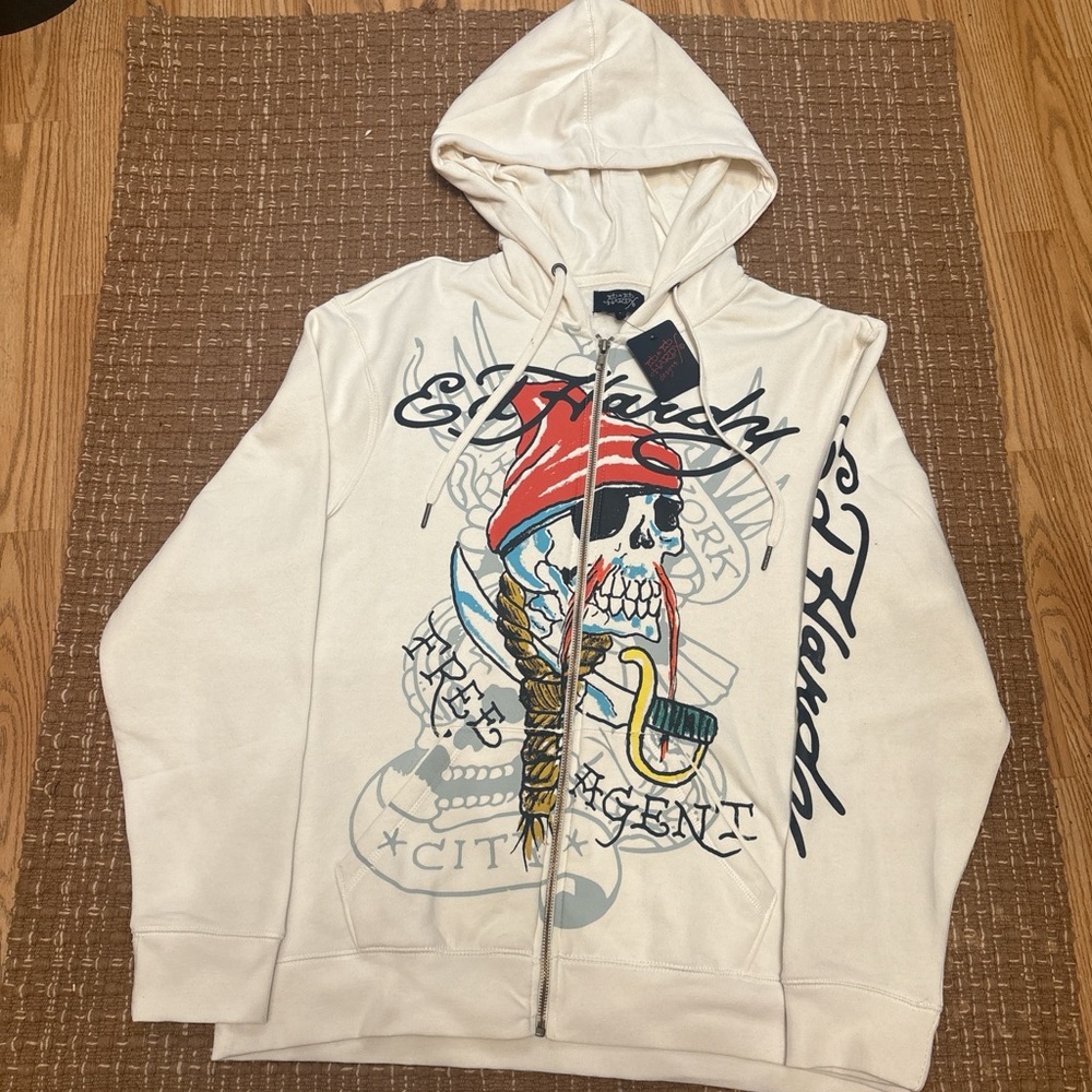 Ed Hardy Cream Hoodie with Red and Black Graphics